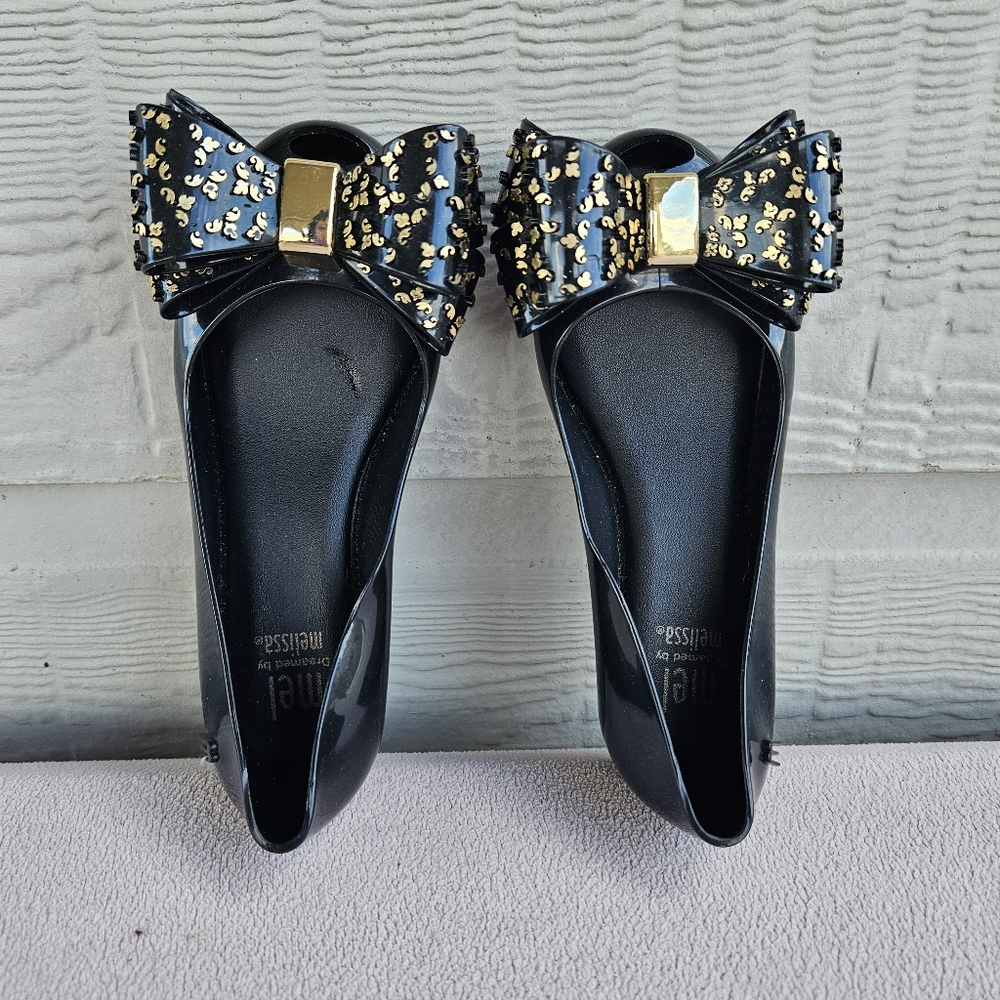 Melissa Mini Mel Ultragirl Sweet XVI Black Gold Jelly Flat Bow Girl SZ 11 Formal